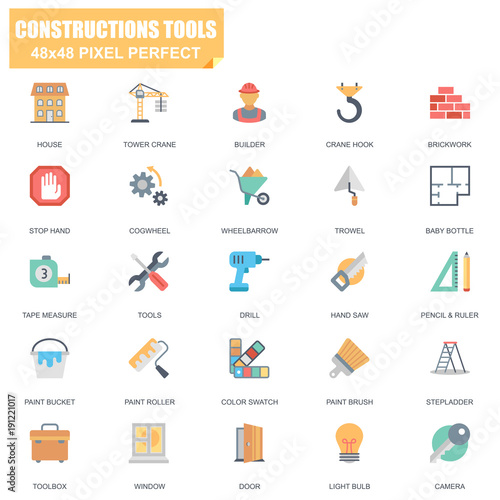 Simple Set of Construction Tools Related Vector Flat Icons. Contains such Icons as Tower Crane, Builder, Brickwork, Drill, Hand Saw, Stepladder and more. Editable Stroke. 48x48 Pixel Perfect.