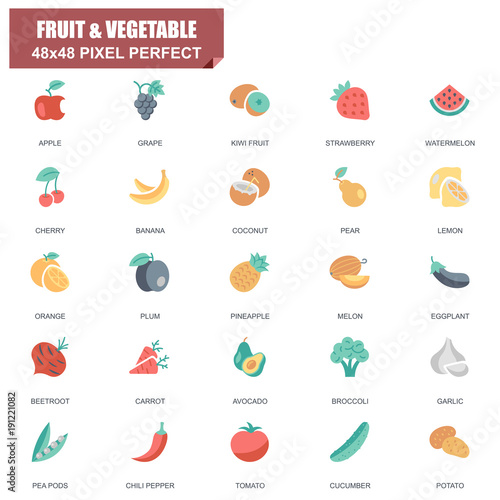 Simple Set of Fruit and Vegetable Related Vector Flat Icons. Contains such Icons as Apple, Banana, Coconut, Cherry,Watermelon, Beetroot, Potato and more. Editable Stroke. 48x48 Pixel Perfect.