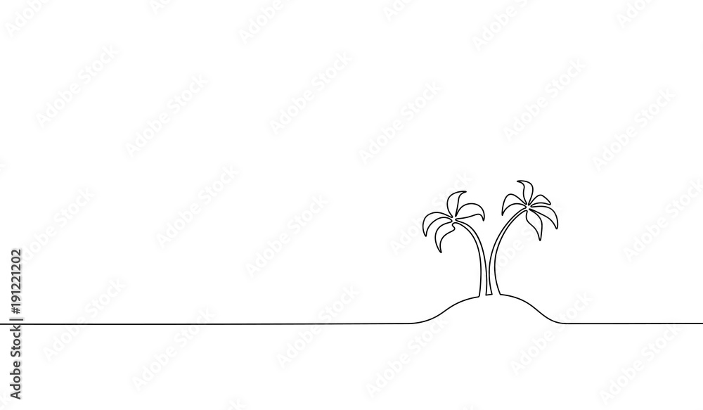 Fototapeta Palma kokosowa z pojedynczą linią ciągłą. Tropikalny raj krajobraz wyspa projekt szkic ilustracji wektorowych szkic zarys