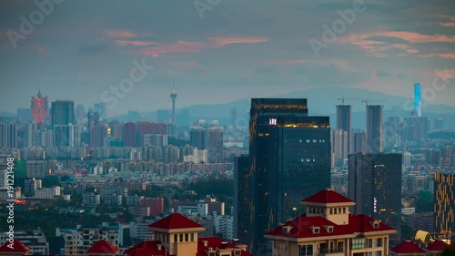 sunset sky zhuhai famous mountain park top cityscape aerial panorama 4k timelapse china
 photo