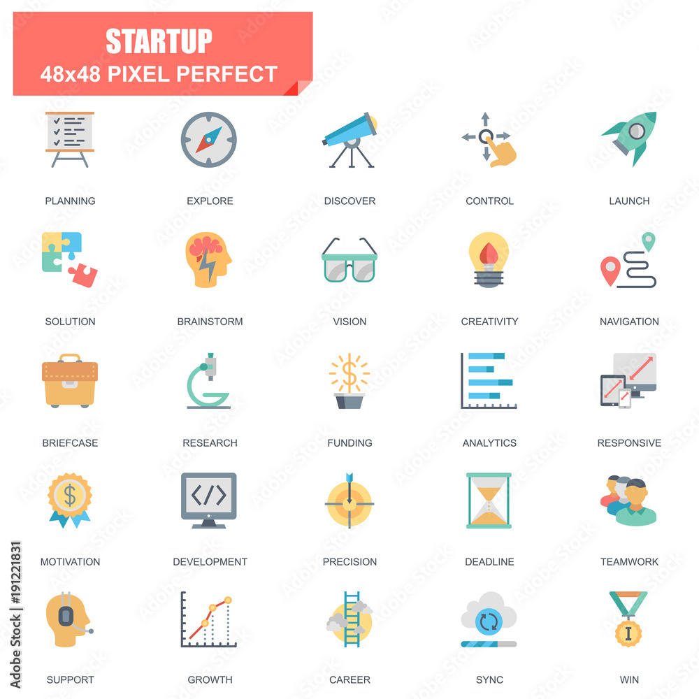 Simple Set of Startup Related Vector Flat Icons. Contains such Icons as Planning, Navigation, Analytics, Funding, Teamwork, Research Market and more. Editable Stroke. 48x48 Pixel Perfect.