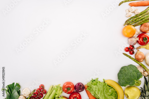 top view of vegetables and fruits isolated on white, grocery concept