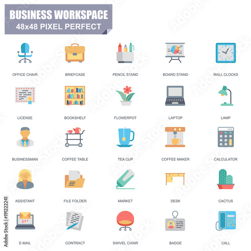 Simple Set of Business Workspace Related Vector Flat Icons. Contains such Icons as Office Chair, Bookshelf, Laptop, Businessman, Board Stand and more. Editable Stroke. 48x48 Pixel Perfect.