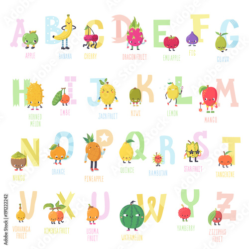 Cute cartoon live fruits vector alphabet.