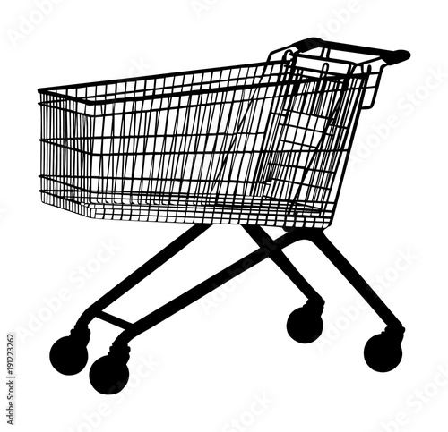 Empty shopping cart vector silhouette isolated on white background. Metal market trolley. 