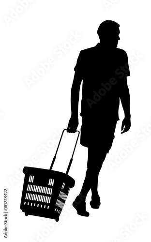 Man doing everyday grocery shopping with shopping basket at supermarket, vector silhouette isolated on white. Male usual walk after work with consumer bag buy food and another goods in market.