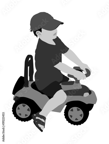 Little boy driving mini car vector illustration. Child with toy automobile. Kid driving pedal car .