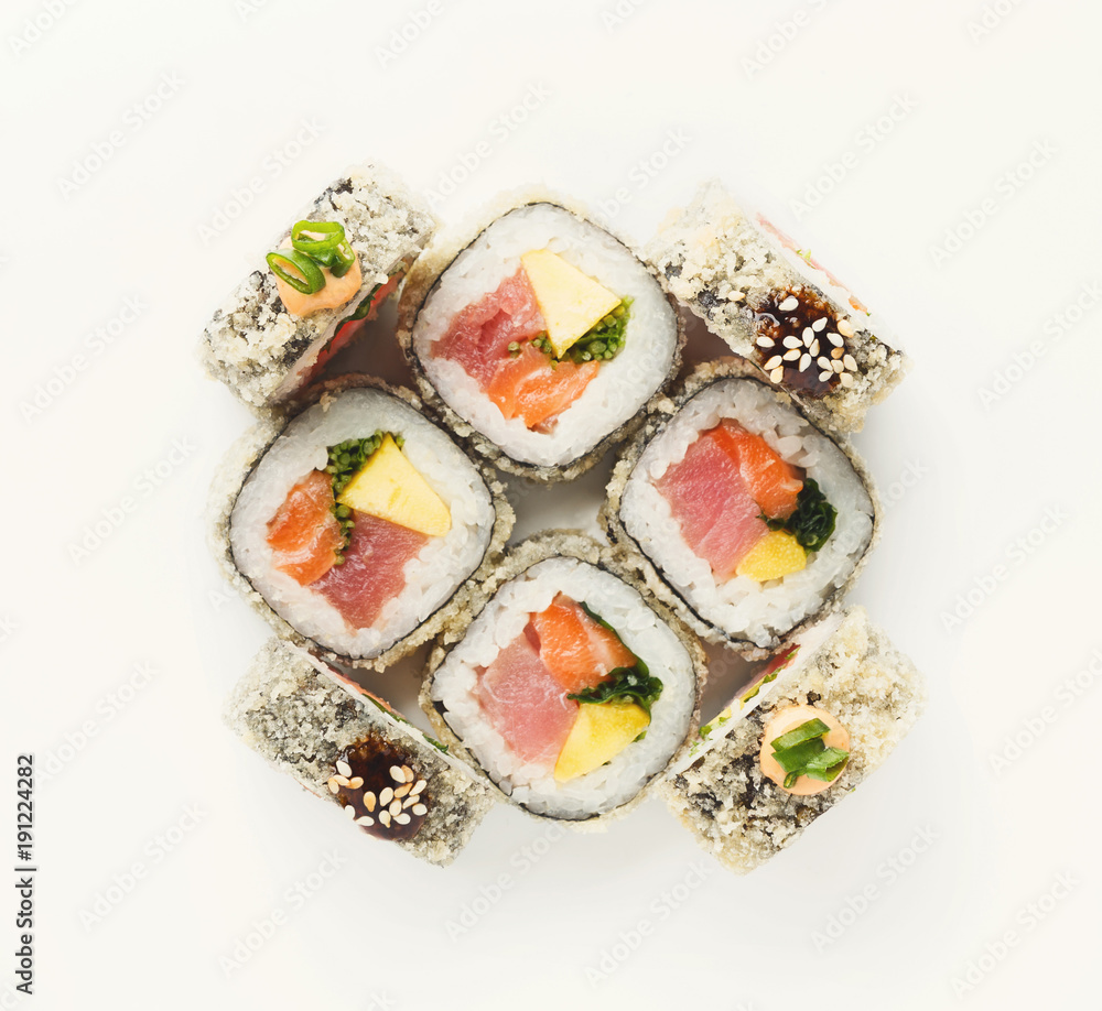 Set of fish rolls isolated on white, closeup Set of fish rolls isolated on white, closeup