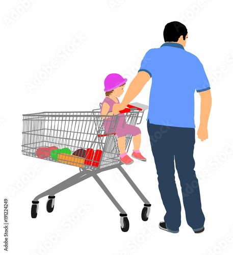 Father wit little daughter in shopping cart. Man doing everyday grocery buying at supermarket after work, vector isolated.  Fathers day, family buy food and another goods. Metal market trolley.  