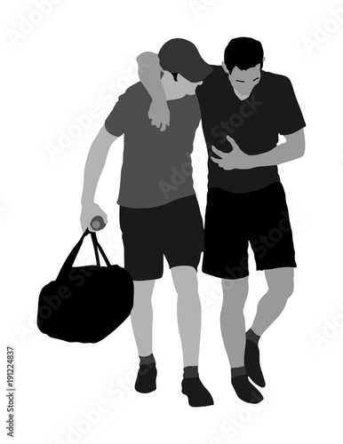 Doctor support in the match, first aid for injured sportsman vector illustration. Patients help. Drunk person overdose after party.  Sneak attack rescue team. Injured victim of earthquake hurt.