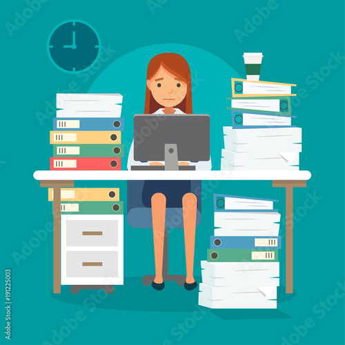 Unhappy stressed woman doing late at work with a lot of papers, piles of documents, computer. Office work, work load. Concept vector illustration in flat style.