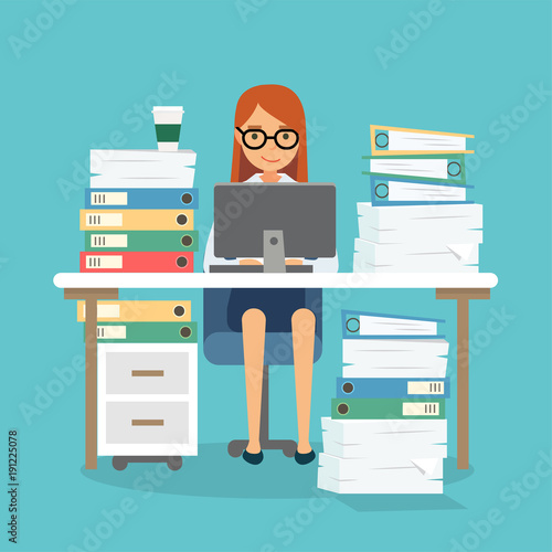 Happy woman at work with a lot of papers, piles of documents, computer. Office work, work load. Concept vector illustration in flat style.