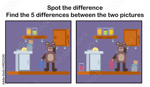 Spot the difference ;Brown bear tired from washing plates flat illustration
