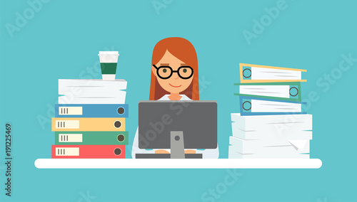 Happy woman at work with a lot of papers, piles of documents, computer. Office work, work load. Concept vector illustration in flat style.