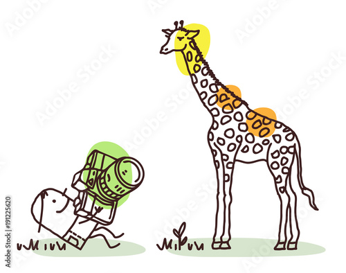Fototapeta Naklejka Na Ścianę i Meble -  Cartoon Photographer Taking a Picture of Giraffe