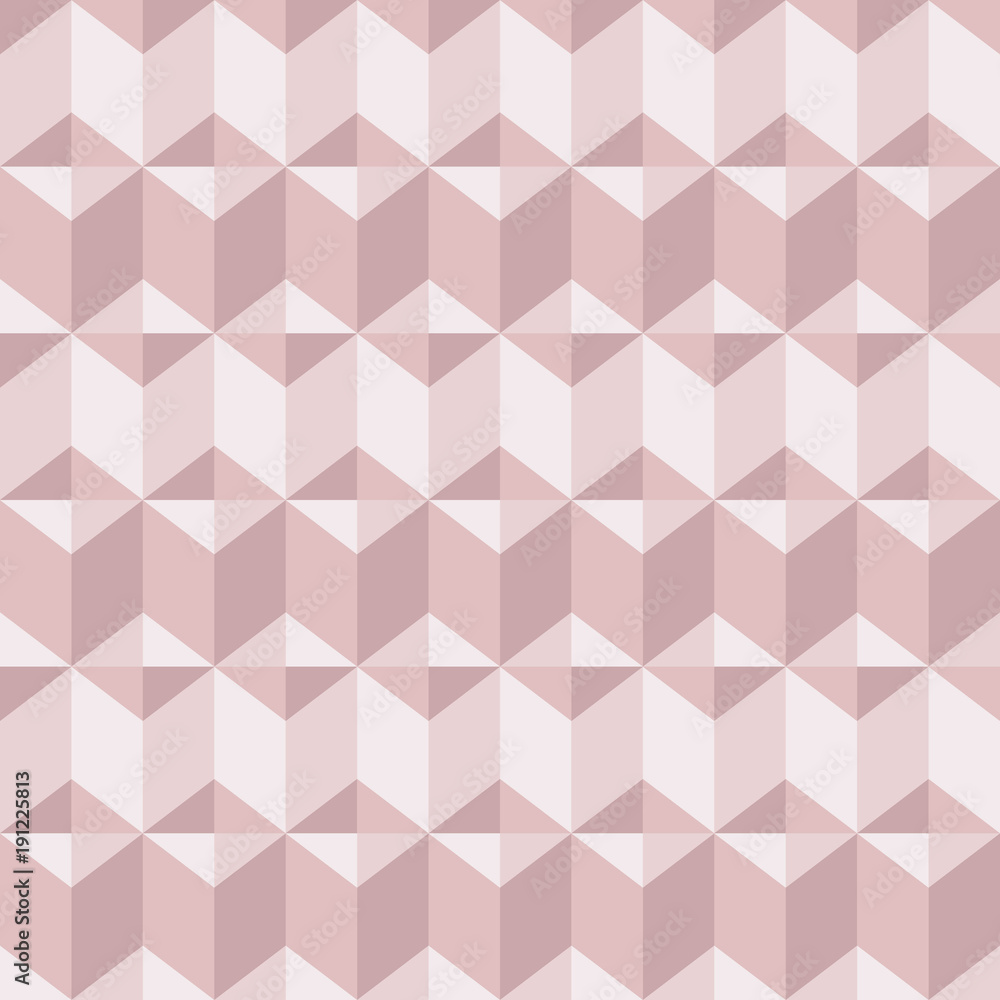 Abstract geomeric background in blush pink colors. Millennial pink rose gold, crystal texture. Seamless vector pattern. 3D surface background. Diamond shape pattern. 