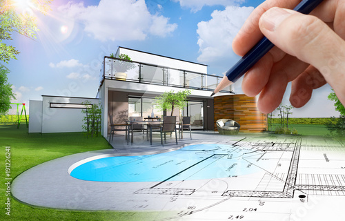 Plan et esquisse d'une maison individuelle moderne avec piscine et jardin photo