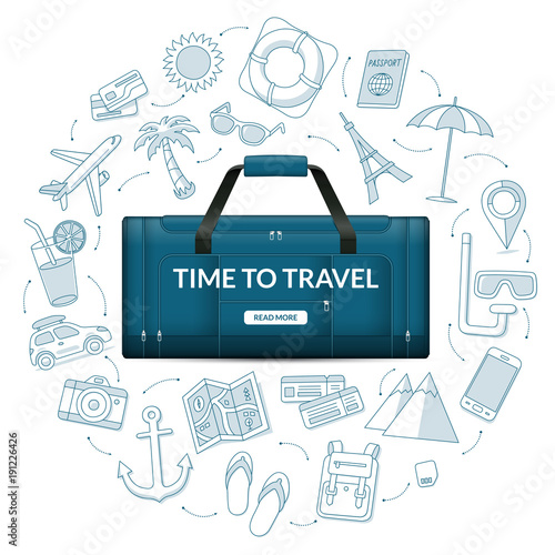 Travel duffle luggage bag with the set of tourism, journey, trip, tour, summer vacation doodle icons. Time to travel concept vector illustration