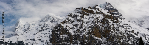 Three most famous summits of Bernese Alps in Switzerland covered by snow