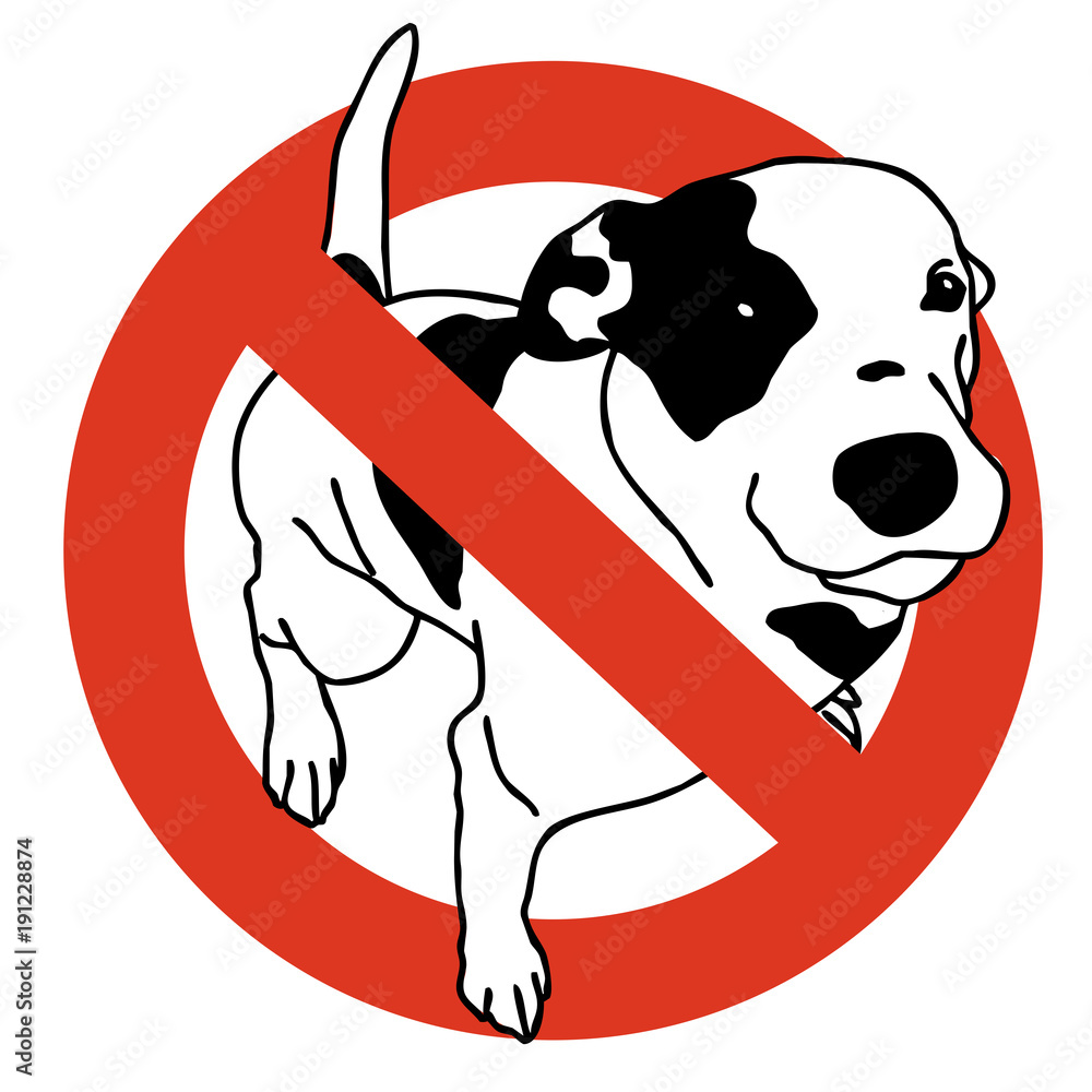 No entry dogs. Prohibition of dog. Strict ban on walking the dog, forbidden. Stop animals. Vector black and white sitting dog, white background, isolated. No entry dogs. Prohibition of dog. Strict ban on walking the dog, forbidden. Stop animals. Vector black and white sitting dog, white background, isolated.