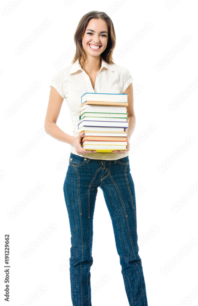 Full body of young happy woman with textbooks Full body of young happy woman with textbooks