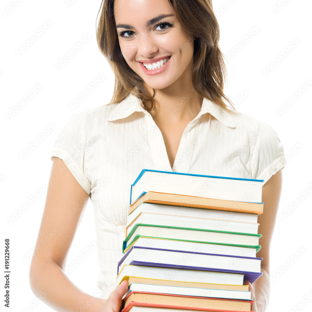 Young smiling woman with textbooks, isolated Young smiling woman with textbooks, isolated