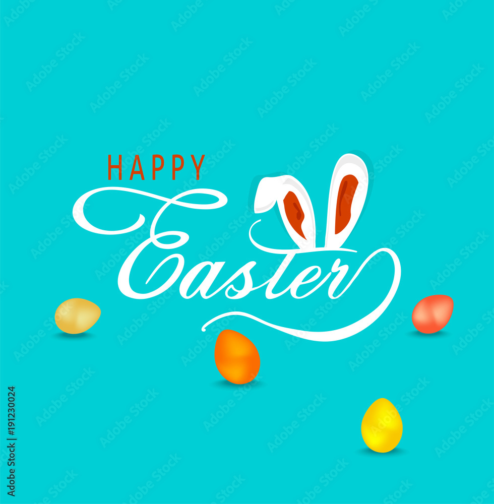 Hand sketched Happy Easter text with bunny ears and colored eggs Hand sketched Happy Easter text with bunny ears and colored eggs