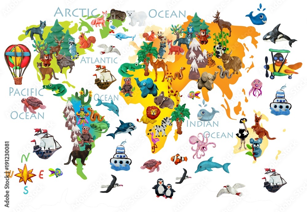 Fototapeta premium Świat zwierząt plastelina kolorowe dzieci 3d mapa