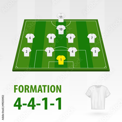 Football players lineups, formation 4-4-1-1. Soccer half stadium.
