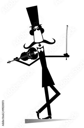Cartoon long mustache violinist illustration isolated. Smiling mustache man in the top hat is playing music on the violin with inspiration 
