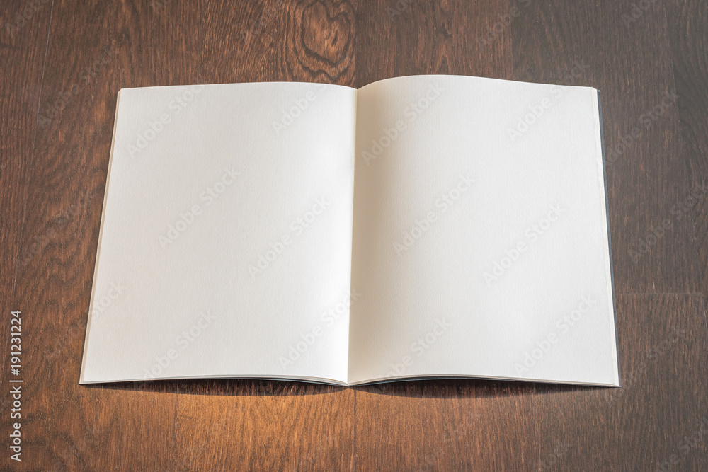 Mockup book, blank open page catalog, magazine, brochure, pocket booklet template paper texture on table Mockup book, blank open page catalog, magazine, brochure, pocket booklet template paper texture on table