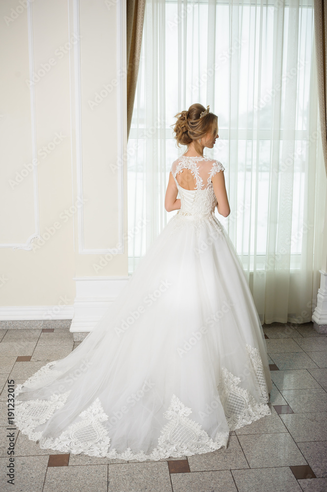 Beautiful bride in wedding dress before wedding ceremony in great hall Beautiful bride in wedding dress before wedding ceremony in great hall