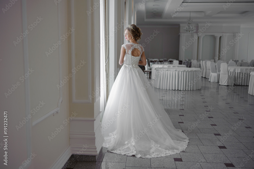 Beautiful bride in wedding dress before wedding ceremony in great hall Beautiful bride in wedding dress before wedding ceremony in great hall