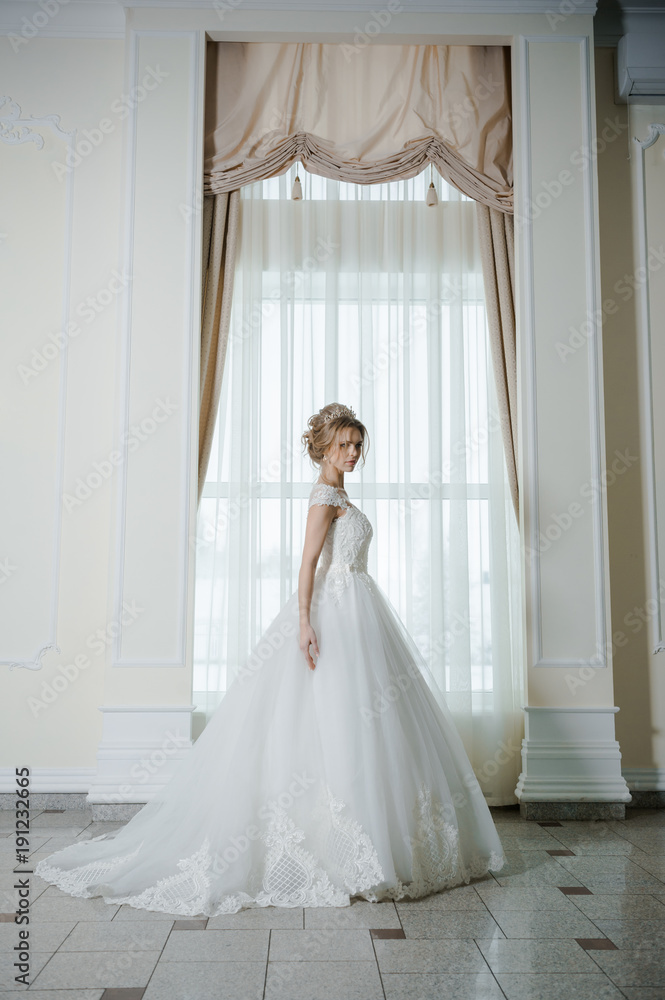 Beautiful bride in wedding dress before wedding ceremony in great hall Beautiful bride in wedding dress before wedding ceremony in great hall