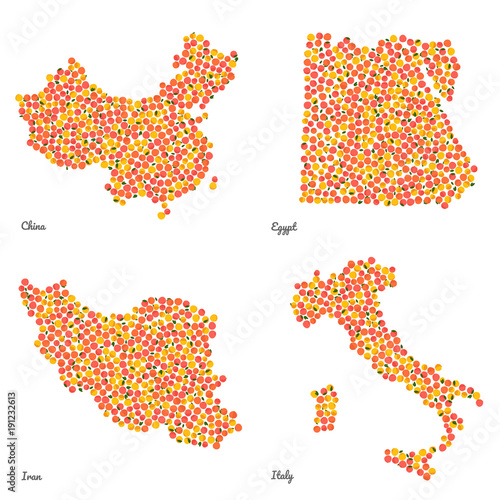 Four country maps made out of pink peaches. Colorful veggie maps. Fruitarian illustration. Largest Peach and Nectarine Producing Countries. For decoration, illustrators or infographics.