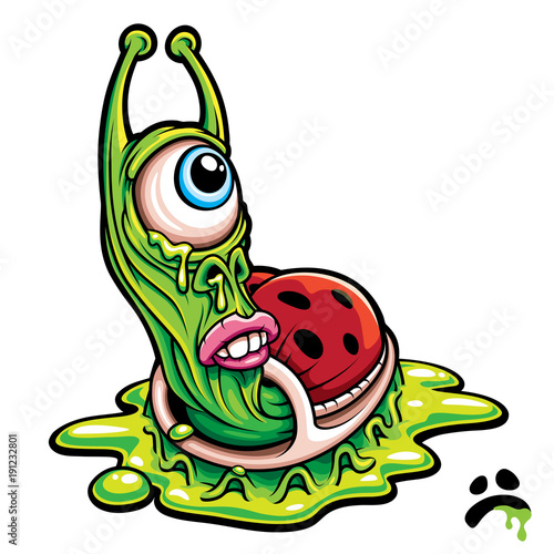 Sad one eyed green slug monster creature cartoon graphic. Vector illustration.