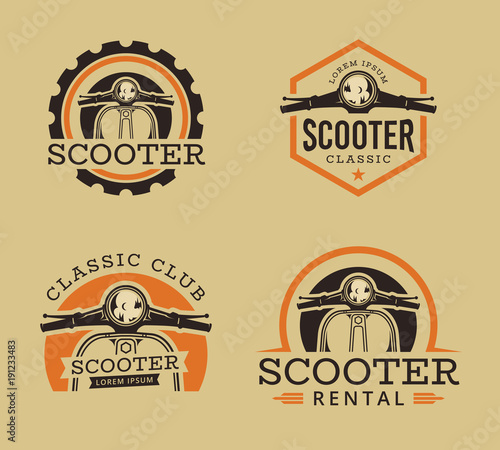 Vector set of Classic scooter emblems, icons and badges. Vector illustration of vintage scooter. Classic retro and vintage motorbike