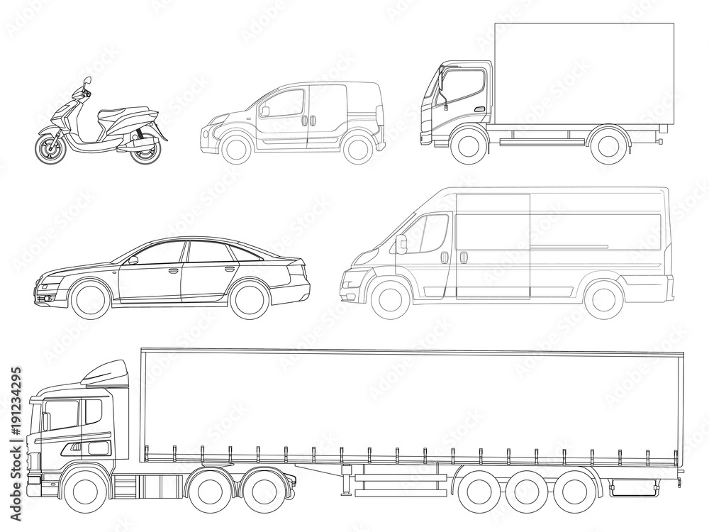 Автовоз чертеж вид сверху Set cars outline. Logistics transport. Side view truck trailer, Semi truck, carg
