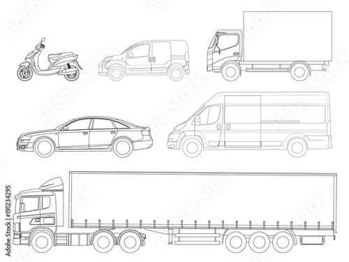 Set cars outline. Logistics transport. Side view truck trailer, Semi truck, cargo delivery, van, minivan and scooter. Blank Freight delivery trucks.
