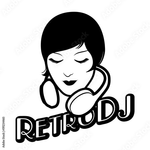 Woman retro style with headphones around her head isolated. Vintage title of old-style lettering.