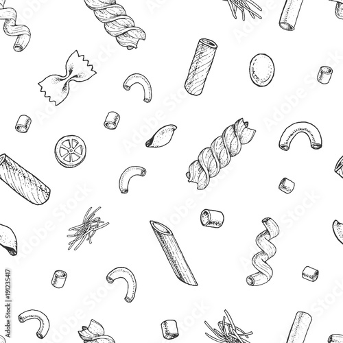 Italian pasta seamless pattern. Hand drawn vector illustration. Collection of pasta different types. Italian food design template. Engraved sketch style.