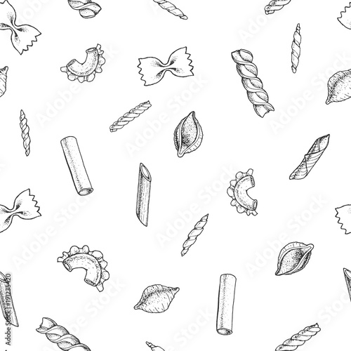 Italian pasta seamless pattern. Hand drawn vector illustration. Collection of pasta different types. Italian food design template. Engraved sketch style.