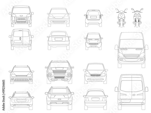 Vector set of outline icons cars. View of the side City transport.