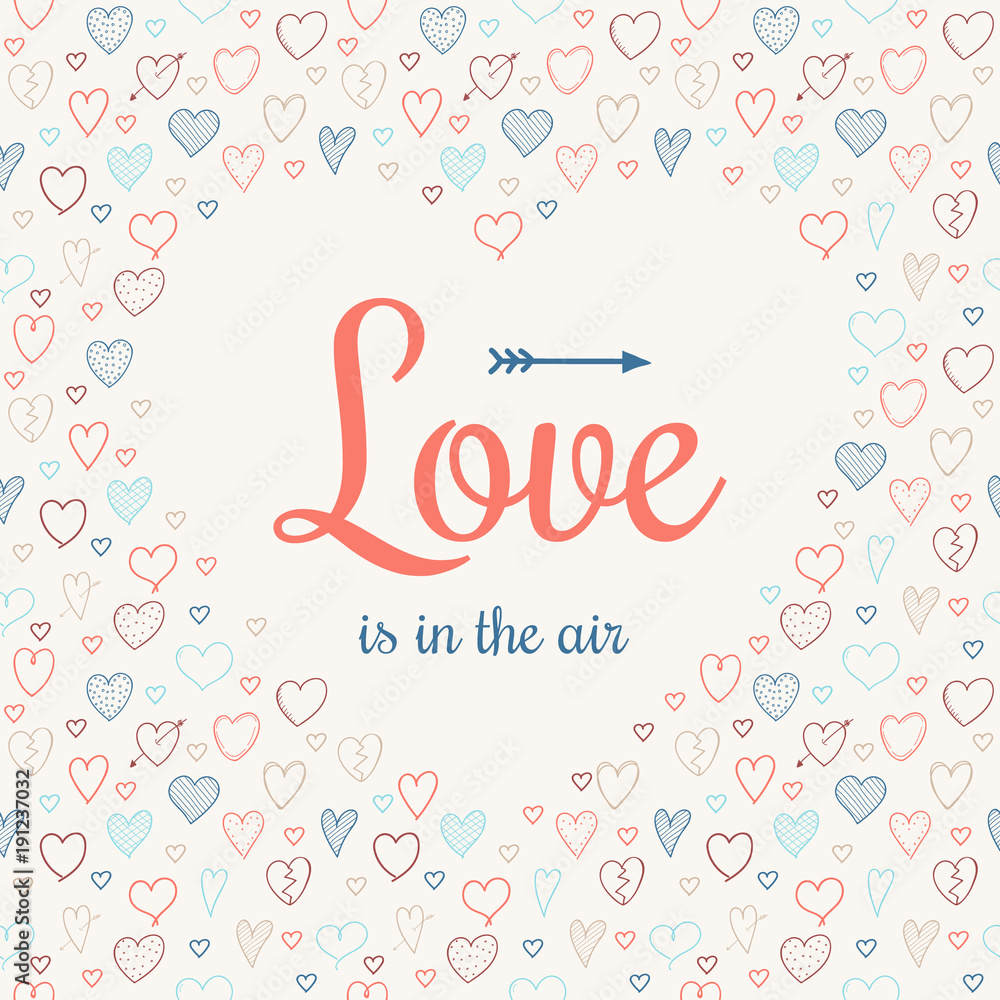 Design of card with heart doodles for Valentine's Day. Vector.