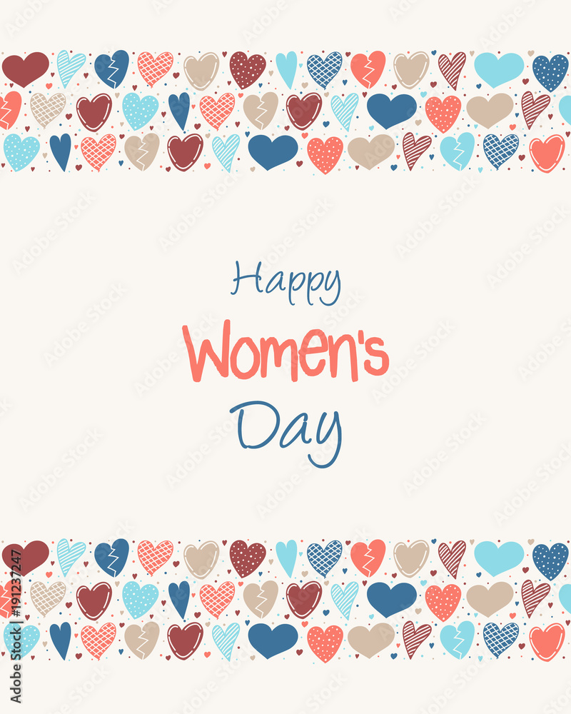 Happy Women's Day - cute card with hand drawn hearts and wishes. Vector. Happy Women's Day - cute card with hand drawn hearts and wishes. Vector.