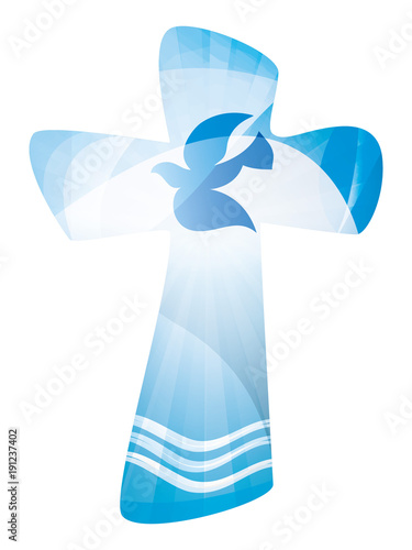 Christian cross baptism with waves of water and dove. Multiple exposure