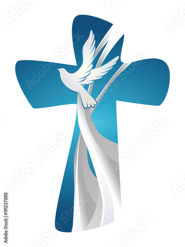 Abstract christian cross symbol Holy Spirit with dove on blue background