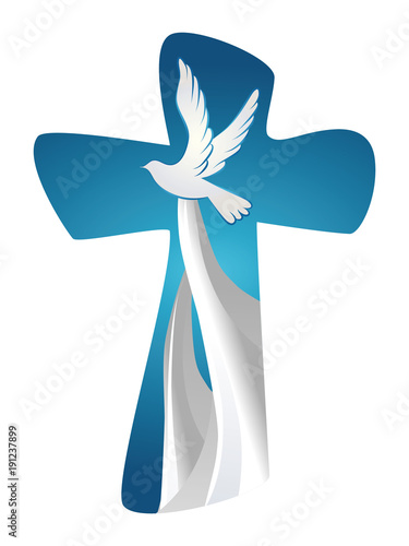 Abstract Holy Spirit symbol with dove on blue background. Christian cross