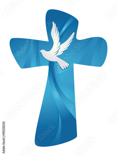 Vector christian cross. Abstract Holy Spirit with dove on blue background