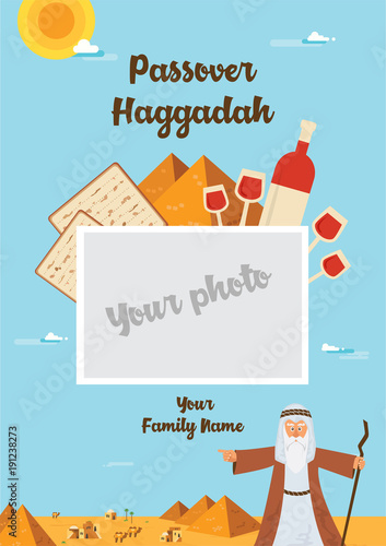 Passover Haggadah design template. The story of Jews exodus from Egypt. traditional icons and desert Egypt scene. passover haggadah in Hebrew
